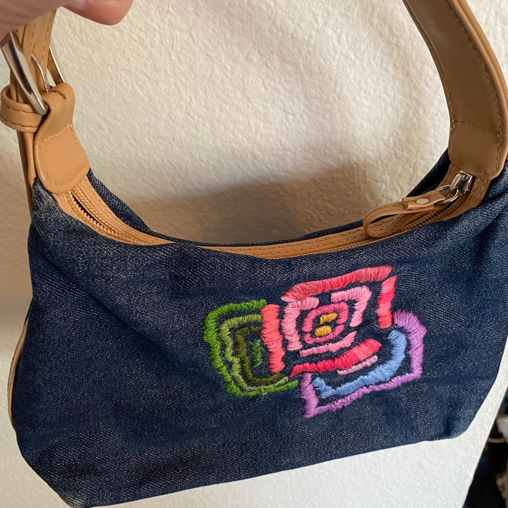 Dark wash denim hand embroidered purse